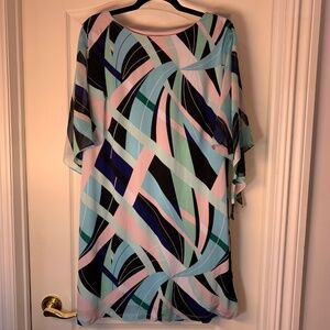 Sandra Darren XL Colorful Geometric Chiffon Dress – Flowing Sleeves Summer Party